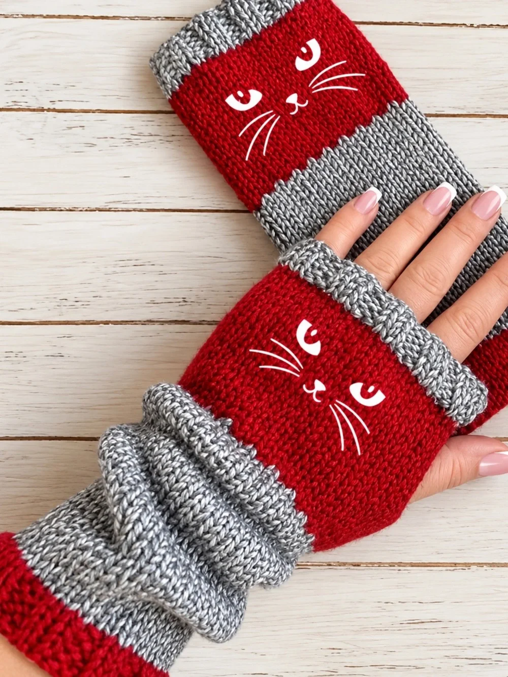 Cozy Cat Knit Fingerless Gloves - Red & Gray NWOT